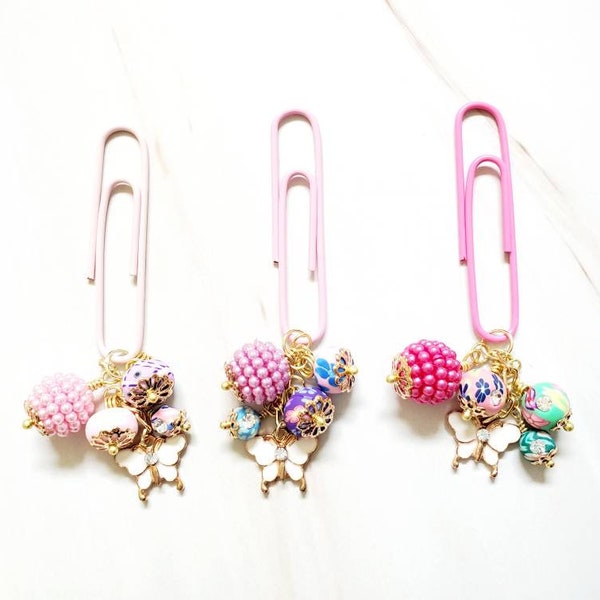 White butterfly pink japanese inspired sakura bead planner clip - hobonichi, TN journal