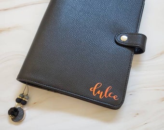 Black Vegan Leather A5 Planner Cover, Monogrammed Journal Binder