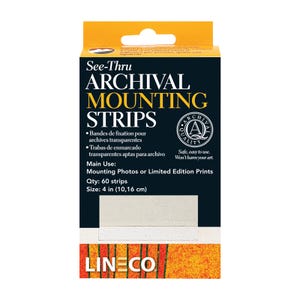 May include: A package of See-Thru Archival Mounting Strips. The package is dark blue and yellow with white text. The text includes "ARCHIVAL MOUNTING STRIPS", "Mounting Photos or Limited Edition Prints", and "Size: 4 in (10,16 cm)". The package contains 60 strips.