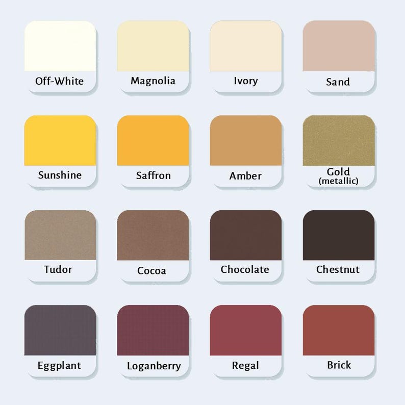 May include: A color chart featuring sixteen square swatches arranged in a four-by-four grid. Each swatch displays a distinct color with its corresponding name printed below: Off-White, Magnolia, Ivory, Sand, Sunshine, Saffron, Amber, Gold, Tudor, Cocoa, Chocolate, Chestnut, Eggplant, Loganberry, Regal, and Brick.