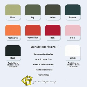 May include: A color chart displaying ten square swatches in moss, ivy, olive, forrest, mandarin, vermillion, red, pink, black, and white. Text lists features: conservation quality, acid and lignin free, bleed and fade resistant, and FSC certified.