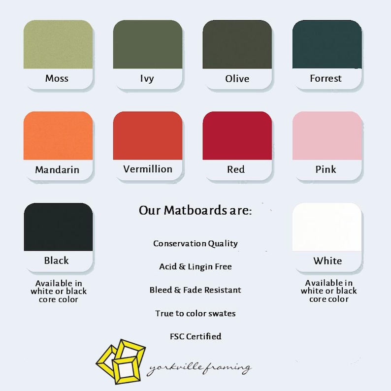 May include: A color chart displaying ten square swatches in moss, ivy, olive, forrest, mandarin, vermillion, red, pink, black, and white. Text lists features: conservation quality, acid and lignin free, bleed and fade resistant, and FSC certified.