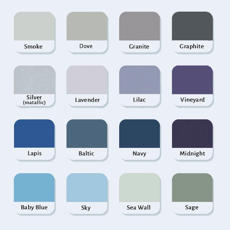 May include: A color chart featuring sixteen rounded square swatches arranged in a four-by-four grid. Each swatch displays a unique shade labeled with text below it, including Smoke, Dove, Granite, Graphite, Silver, Lavender, Lilac, Vineyard, Lapis, Baltic, Navy, Midnight, Baby Blue, Sky, Sea Wall, and Sage.