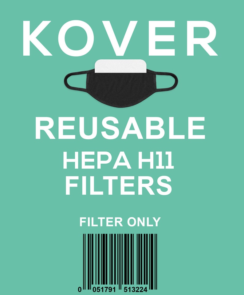 May include: A black reusable face mask with a white HEPA H11 filter. The text "KOVER" is at the top of the image. The text "REUSABLE HEPA H11 FILTERS" is below the mask. The text "FILTER ONLY" is below the filters. A barcode with the numbers "0 051791 513224" is below the text.