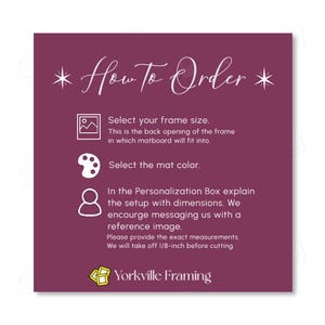 May include: A dark purple informational graphic titled How To Order with white text and icons. It instructs to select frame size, mat color, and provide dimensions in the personalization box, noting a 1/8-inch reduction. Includes Yorkville Framing logo.