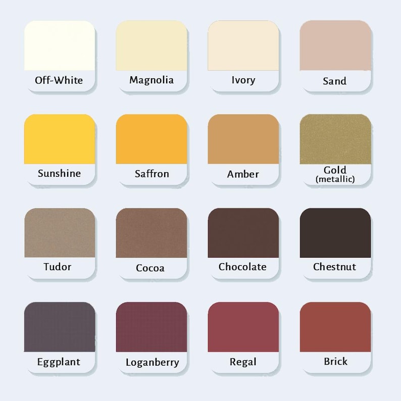 May include: A color chart featuring sixteen square swatches arranged in a four-by-four grid. Each swatch displays a distinct color with its corresponding name printed below: Off-White, Magnolia, Ivory, Sand, Sunshine, Saffron, Amber, Gold, Tudor, Cocoa, Chocolate, Chestnut, Eggplant, Loganberry, Regal, and Brick.