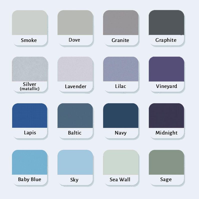 May include: A color chart featuring sixteen rounded square swatches arranged in a four-by-four grid. Each swatch displays a unique shade labeled with text below it, including Smoke, Dove, Granite, Graphite, Silver, Lavender, Lilac, Vineyard, Lapis, Baltic, Navy, Midnight, Baby Blue, Sky, Sea Wall, and Sage.