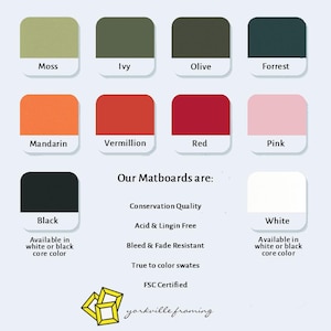 May include: A color chart displaying ten square swatches in moss, ivy, olive, forrest, mandarin, vermillion, red, pink, black, and white. Text lists features: conservation quality, acid and lignin free, bleed and fade resistant, and FSC certified.