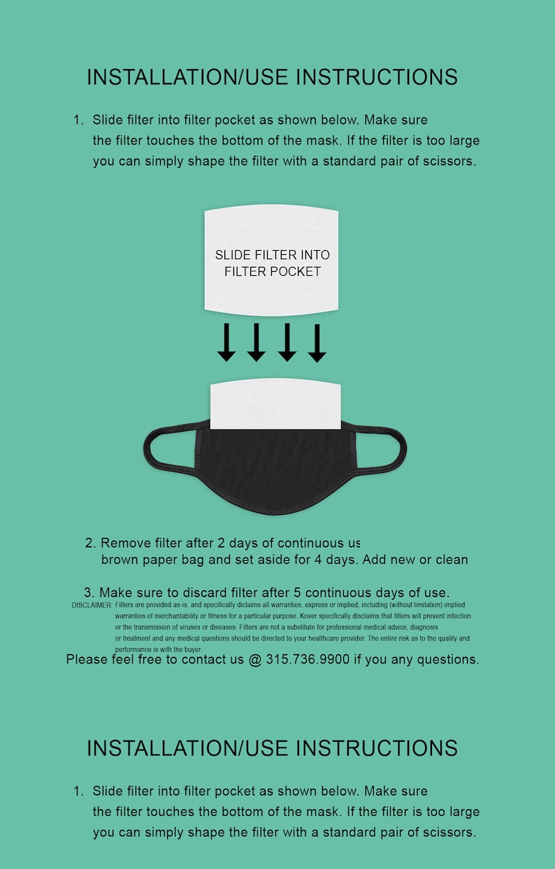 May include: Instructions for installing and using a black cloth face mask with a filter pocket. The image shows how to insert a filter into the pocket, and how to dispose of the filter after use. The text includes a disclaimer about the effectiveness of the filter.
