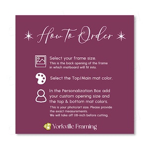 May include: A dark purple instructional graphic titled How To Order with white text and icons. It lists steps to select frame size, mat color, and provide custom opening measurements in the personalization box, noting a 1/8-inch reduction for cutting.
