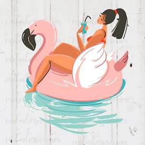 May include: A woman relaxes on a pink flamingo pool float in blue water. She is wearing a red swimsuit and holding a blue drink.