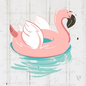 May include: Pink inflatable flamingo pool float with white wings. The float is in a turquoise blue pool of water.