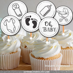 Oh Baby and Hello Baby Cupcake Toppers, Gender Neutral Baby Shower, Gender Reveal Cupcake Toppers, Hello Baby Stickers, Oh Baby Stickers