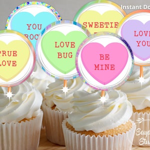 Valentine&#39;s Day Conversation Heart Cupcake Toppers (Printable Digital Download)