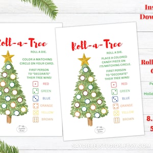 以下が含まれることがあります： 「Roll-a-Tree」という印刷可能なクリスマスゲーム。サイコロを振って、カードに合う円を色塗りします。ゲームには、水彩画で描かれたクリスマスツリーと、色付きの円が含まれています。ゲームは、8.5インチ x 11インチと5インチ x 7インチの2つのサイズがあります。