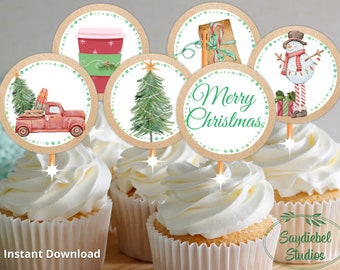 Christmas Cupcake Toppers, Farmhouse Style Christmas Cupcake Toppers, Christmas Cupcakes, Merry Christmas Cupcakes, Christmas Party Cupcakes