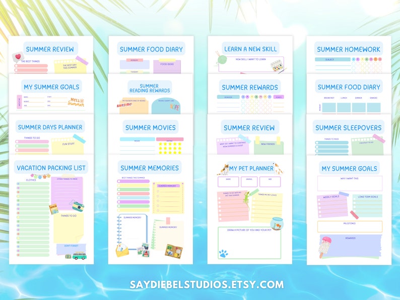 May include: A set of printable summer planner pages with colorful designs and text. The pages include titles like "Summer Review", "Summer Food Diary", "Learn a New Skill", "Summer Homework", "My Summer Goals", "Summer Reading Rewards", "Summer Rewards", "Summer Days Planner", "Summer Movies", "Vacation Packing List", "Summer Memories", "My Pet Planner", and "Summer Sleepovers".