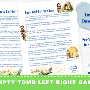 Op de afbeelding: Een printbaar Paasspel voor kinderen met een kleurrijke illustratie van een graf met een weggegleden steen. Het spel bevat tekst die "Empty Tomb Left Right Game" en "Rejoice!" zegt. Het spel is ontworpen om kinderen te helpen de geschiedenis van Pasen te leren.