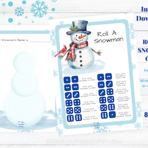 May include: A printable game for a winter gathering or snow day. The game is called "Roll a Snowman" and features a blue and white snowman with a red cardinal. The game includes a blank snowman template and a set of dice with instructions to give the snowman different parts, such as a hat, nose, and buttons. The game is available in two sizes: 8.5 inches by 11 inches and 5 inches by 7 inches.