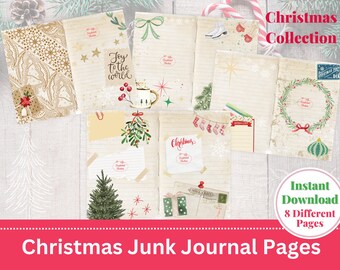 May include: Eight printable Christmas themed junk journal pages with a variety of designs including a wreath, a Christmas stocking, a postcard, and a handwritten note.  The pages are in a vintage style with a distressed background.