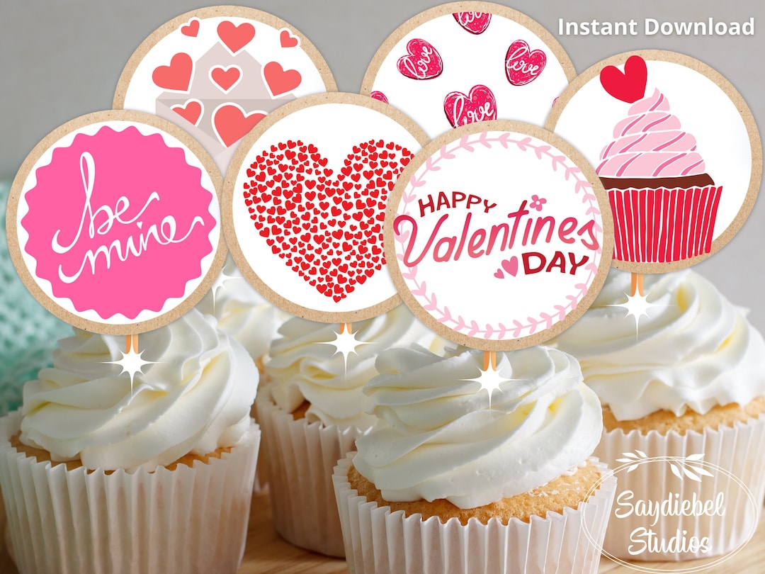 Valentine's Day Cupcake Toppers, Heart Cupcake Toppers, Valentine Party ...