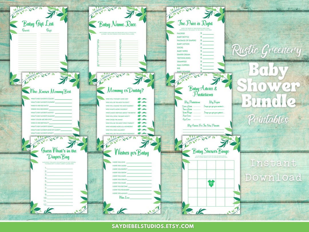 Rustic Greenery Baby Shower Bundle Printables Gender Neutral - Etsy