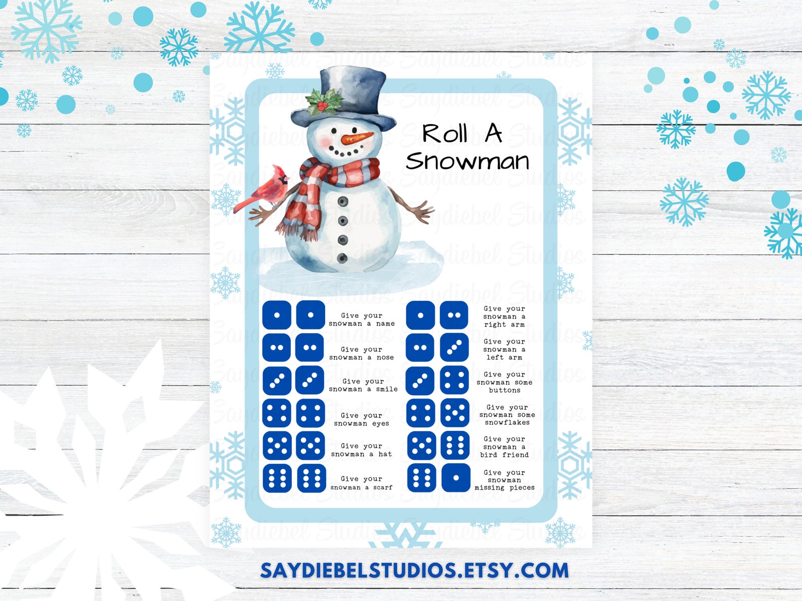 Roll A Snowman Game, Printable Winter Games, Roll A Snowman Dice Game ...