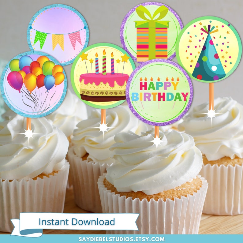 Happy Birthday Cupcake Toppers Printable Birthday Cupcake - Etsy