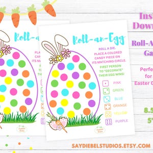 May include: Printable Easter game for kids featuring a bunny egg with colourful dots. Roll a die and place a sweet on the matching colour dot. The first person to decorate their egg wins! The game is 8.5 inches by 11 inches or 5 inches by 7 inches.