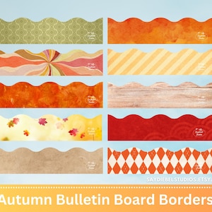 May include: Set of 8 autumn-themed bulletin board borders with wavy edges. The borders feature various patterns including a woodgrain, a red and white checkered pattern, a yellow and orange striped pattern, and a pattern of leaves. The borders are perfect for decorating a classroom or home for the fall season.