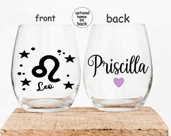 Personalized Leo Zodiac Stemless Wine Glass Astrology Sign Gift