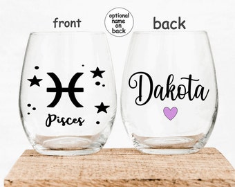 Personalized Pisces Zodiac Stemless Wine Glass Astrology Gift