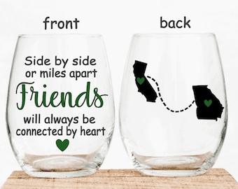 Personalized Stemless Wine Glass Friends Connected by Heart Long Distance Gift
