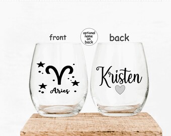 Personalized Aries Zodiac Stemless Wine Glass Astrology Sign Gift