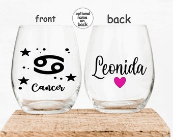 Personalized Cancer Zodiac Stemless Wine Glass Astrology Sign Gift