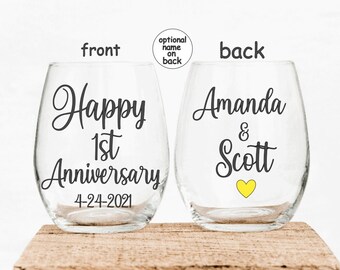 Personalized Anniversary Stemless Wine Glass Custom Couple Gift