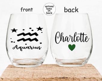 Aquarius Zodiac Stemless Wine Glass Personalized Horoscope Astrology Gift
