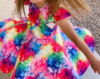 Watercolor Rainbow Fire Twirly Dress, Rainbow dress, toddler dress, girls dress, buttery soft, paint, smokey, fire