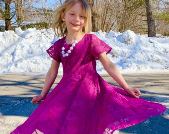 Purple Lace twirly dress, full circle skirt, Easter dress, fancy dress, soft lace, formal dress, magenta, twirl dress