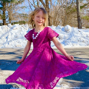 Purple Lace twirly dress, full circle skirt, Easter dress, fancy dress, soft lace, formal dress, magenta, twirl dress