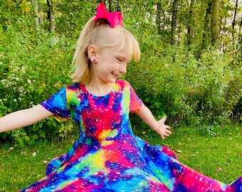 Galaxy dress, twirly dress, rainbow dress, cap sleeve, buttery soft, ruffle trim, Milky Way, winter dress, bold, colorful, toddler dress,