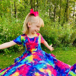 Galaxy dress, twirly dress, rainbow dress, cap sleeve, buttery soft, ruffle trim, Milky Way, winter dress, bold, colorful, toddler dress,