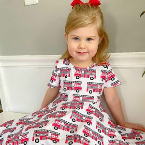 Firetruck dress, twirly dress, buttery soft, red and white, sibling set