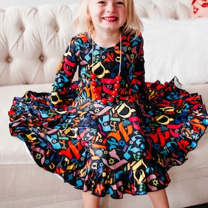 Twirly Rainbow Hebrew Letters Hanukkah Dress, Twirly dress, menorah, Star of David, passover,  buttery soft, twirl, Hebrew alphabet