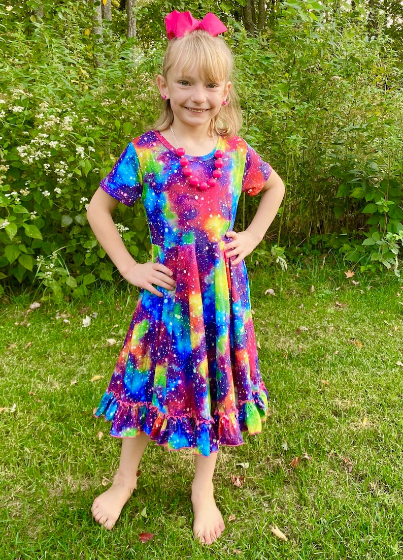 twirly dress buttery soft ruffle trim Milky Way cap sleeve colorful rainbow dress bold toddler dress, Galaxy dress winter dress