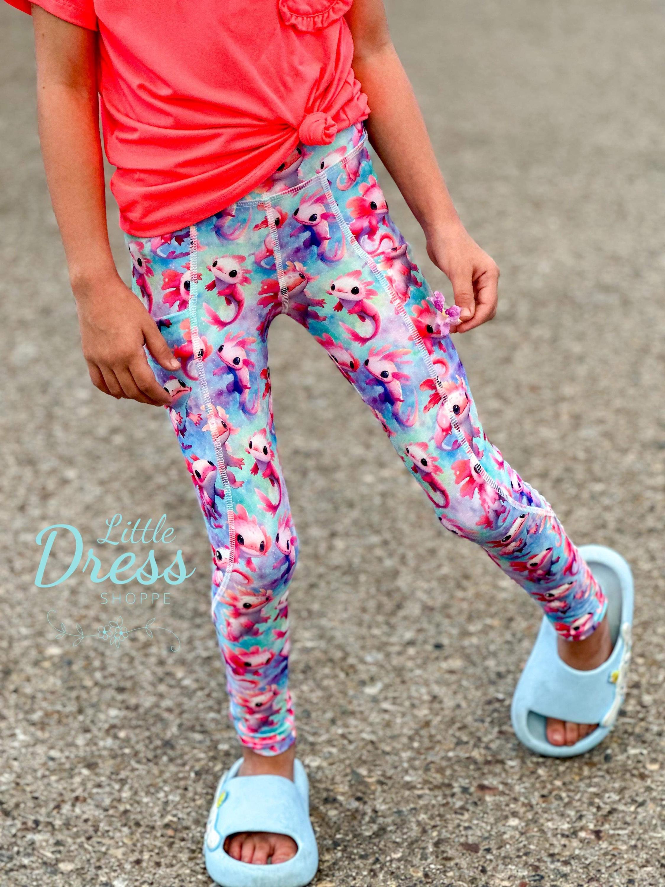 Axolotl Leggings, kids, pockets, fish, soft, polyester, spandex, little dress shoppe, pants, back to school, legging