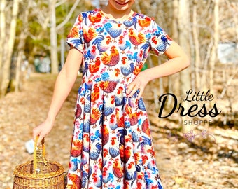 Chickens Cap Sleeve Twirly Dress, knitted, embroidery, animal print, pockets, farm, girls, kids, rooster, twirl, soft, toddler, tween