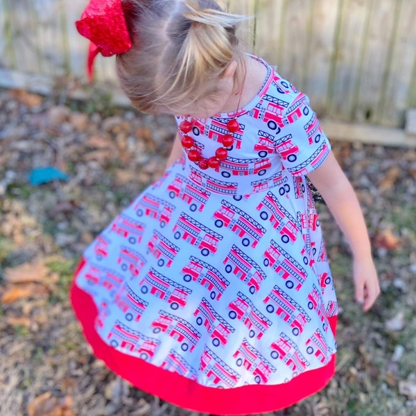 Firetruck dress, twirly dress, buttery soft, red and white, sibling set