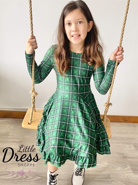 Long Sleeve Plaid Twirly Green Dress, Christmas, holiday, girls, kids, pockets, twirl, black, toddler, tween, winter, tartan, Long sleeves Long Sleeve Plaid Twirly Green Dress, Christmas, holiday, girls, kids, pockets, twirl, black, toddler, tween, winter, tartan, Long sleeves