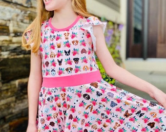 Vestido con estampado de perritos y cachorros, suave como la mantequilla, falda de vuelo, vestido para niñas, amantes de los perros, regreso a clases, vestido con estampado animal, vestido con vuelo